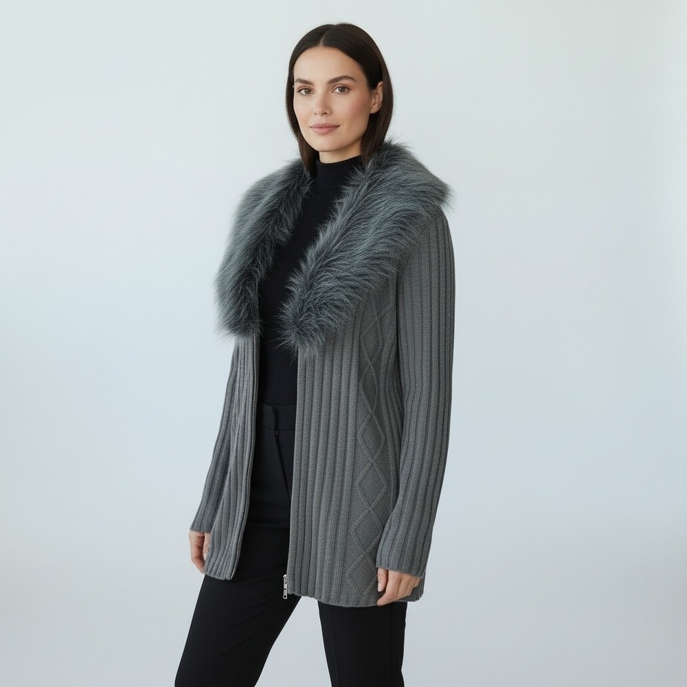 Extra Touch Vintage Gray Knit Faux Fur Collar Zip Cardigan Cozy VNeck Sweater 2X